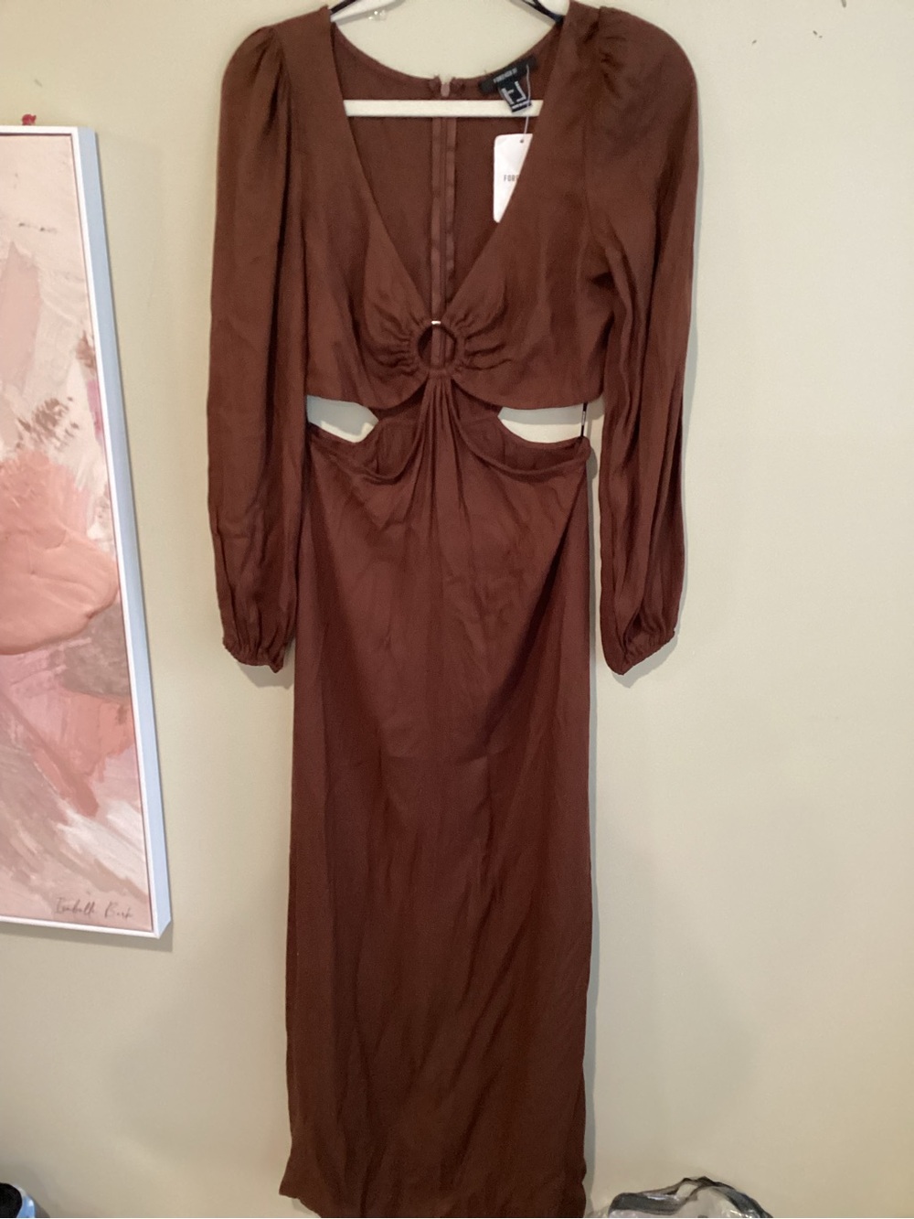 Forever 21 Brown Long Sleeve Maxi Dress with Cutouts and Ring Detail